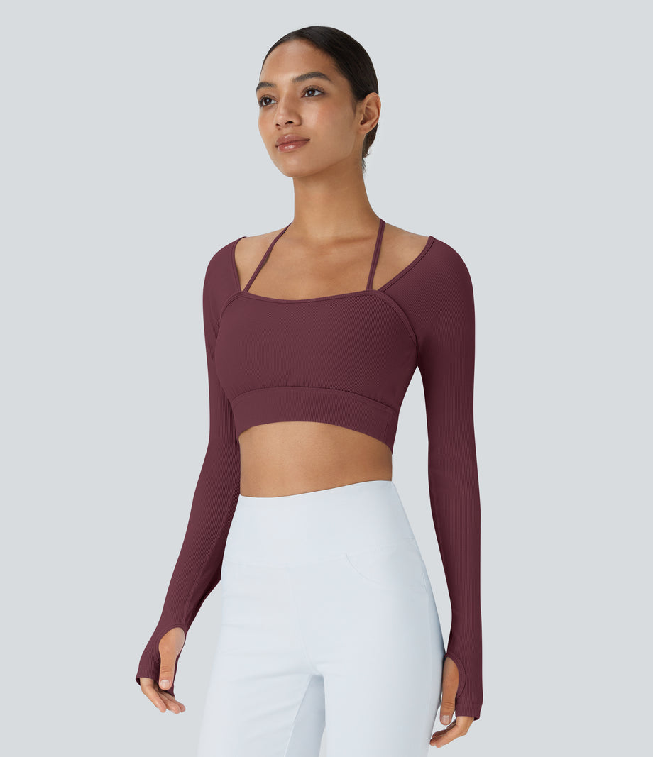 Ribbed Halter Strap Thumb Hole Cropped Yoga Sports Top - Maroon Banner