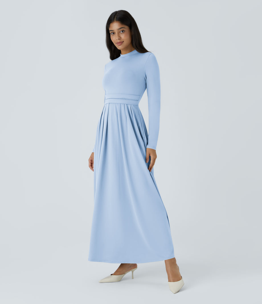 Mock-neck Long Sleeve Pocket Flare Maxi Casual Dress - Angel Falls
