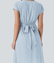 Breezeful™ V Neck Short Sleeve Pocket Tie Back Quick Dry Midi Casual Dress - Baby Blue