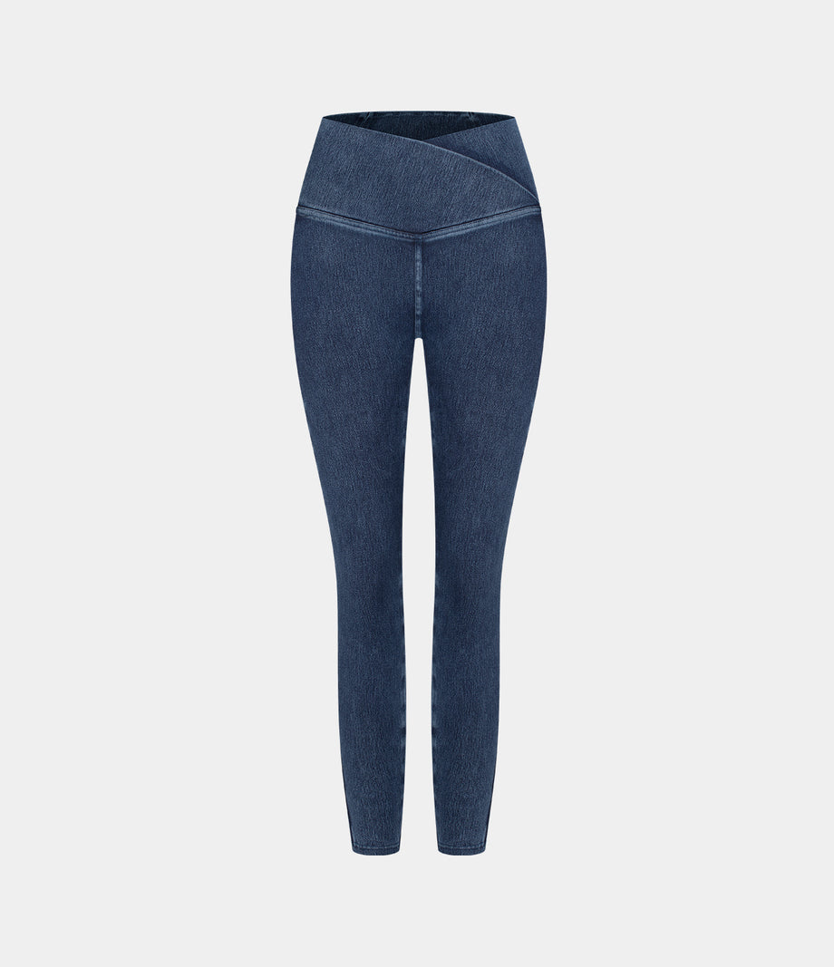 Halara Flex™ Crossover Pocket Washed Denim Work Leggings - Washed Denim Bleached Blue