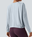 Round Neck Long Sleeve Ruched Yoga Sports Top-UPF50+ - Illusion Blue