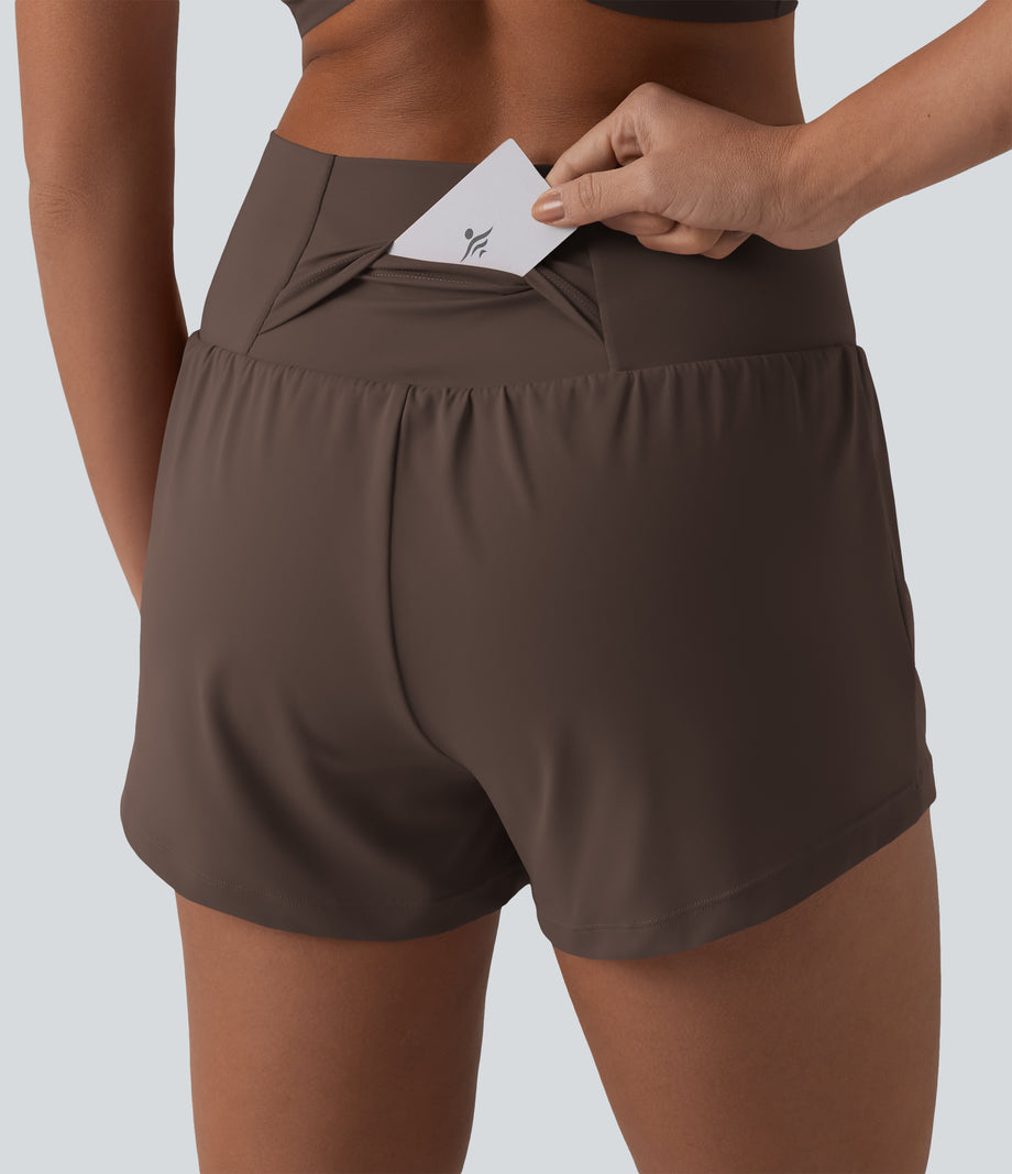 SoftlyZero™ Airy Crossover High Waisted 2-in-1 Cool Touch Yoga Shorts 3'' with Pockets - Chocolate Martini