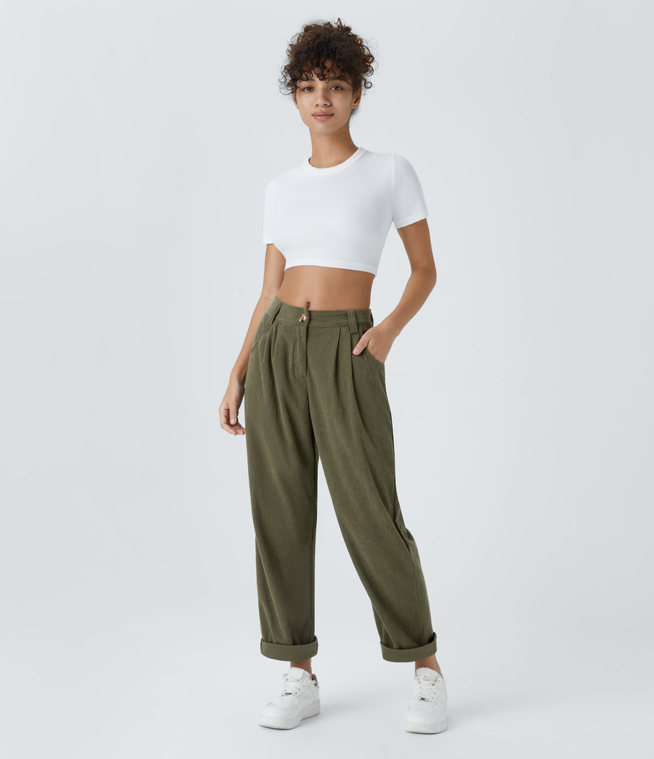Mid Rise Zipper Pocket Corduroy Casual Pants - Hazel Mist Green