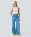 High Waisted Drawstring Pocket Wide Leg Baggy Casual Linen-Feel Pants - Azure Blue