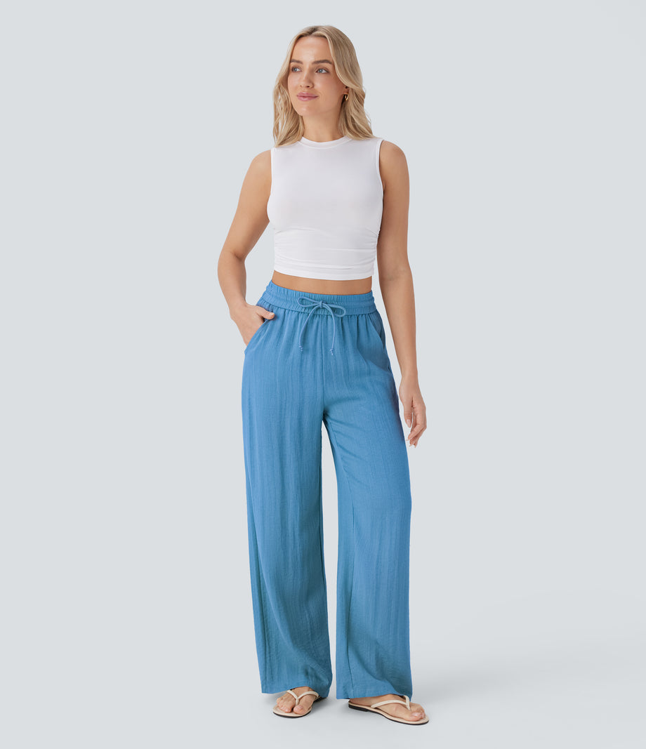 High Waisted Drawstring Pocket Wide Leg Baggy Casual Linen-Feel Pants - Azure Blue