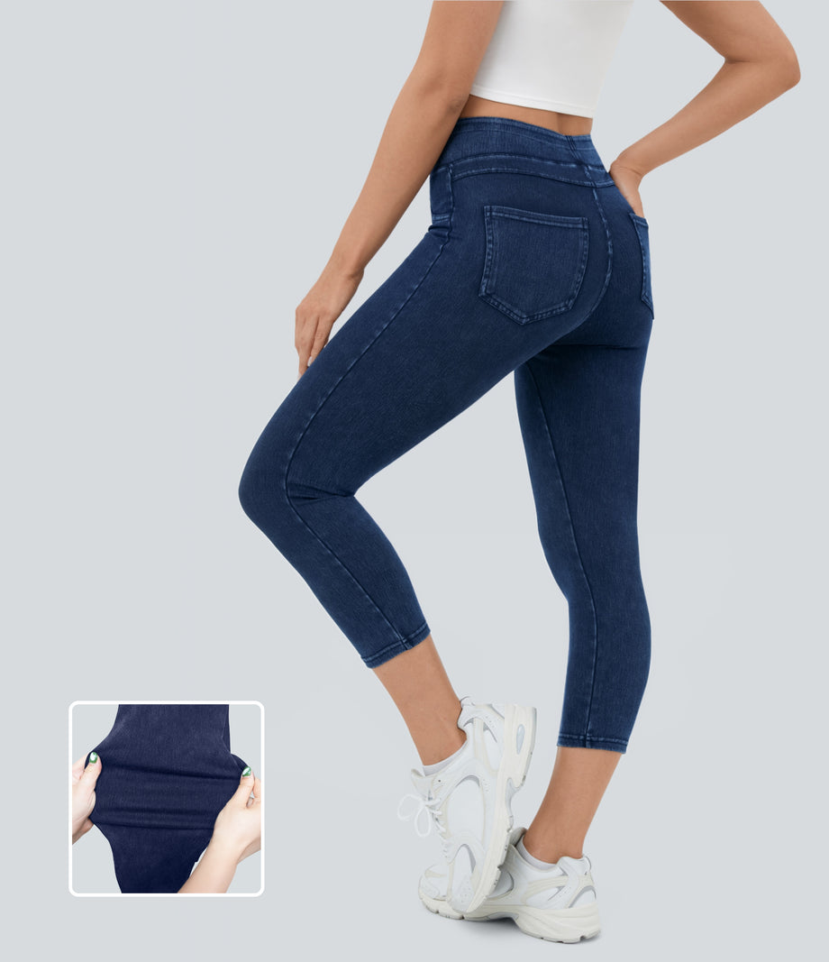Halara Flex™ High Waisted Pocket Denim Capri Casual Leggings - Midnight Blue Denim