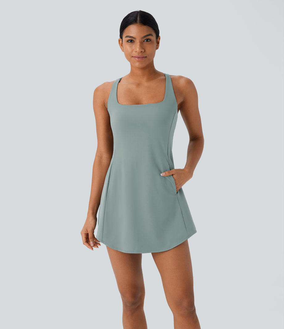 SoftlyZero™ Plush Cut Out Pocket 2-Piece Mini Yoga Active Dress - Ether