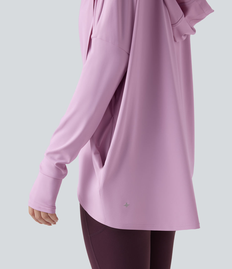 Hooded Cowl Neck Long Sleeve Thumb Hole Yoga Sports Top with Pockets - Orchid Bouquet