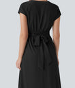 Breezeful™ V Neck Short Sleeve Pocket Tie Back Quick Dry Midi Casual Dress - Black