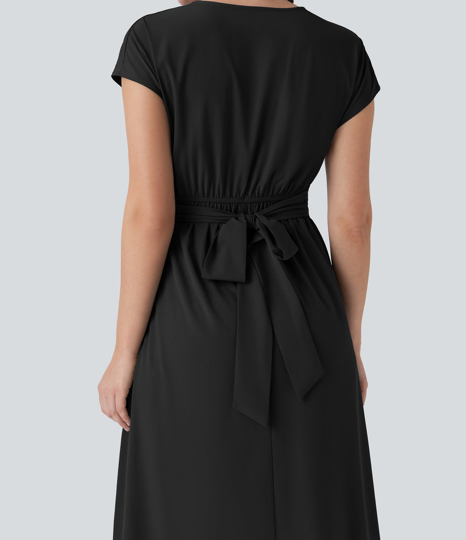 Breezeful™ V Neck Short Sleeve Pocket Tie Back Quick Dry Midi Casual Dress - Black