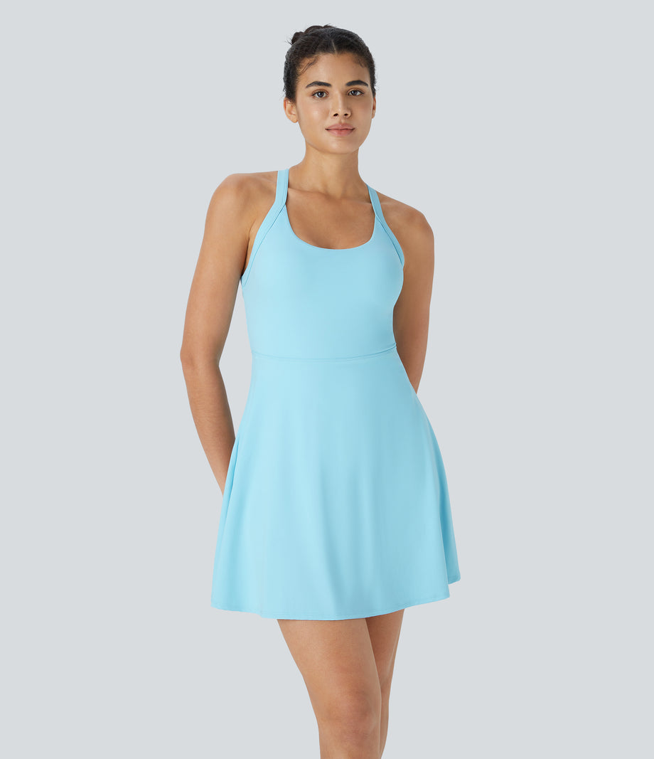 SoftlyZero™ Airy Backless Twisted Flare Low Support Dance Active Dress-Longer Length-Easy Peezy Edition A-D Cups - Spun Sugar