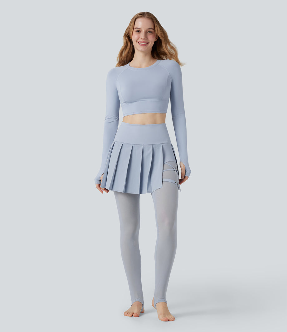 Breezeful™ High Waisted Pleated 2-in-1 Contrast Mesh Quick Dry Dance Stirrup Skirted Leggings with Pockets - Ballad Blue