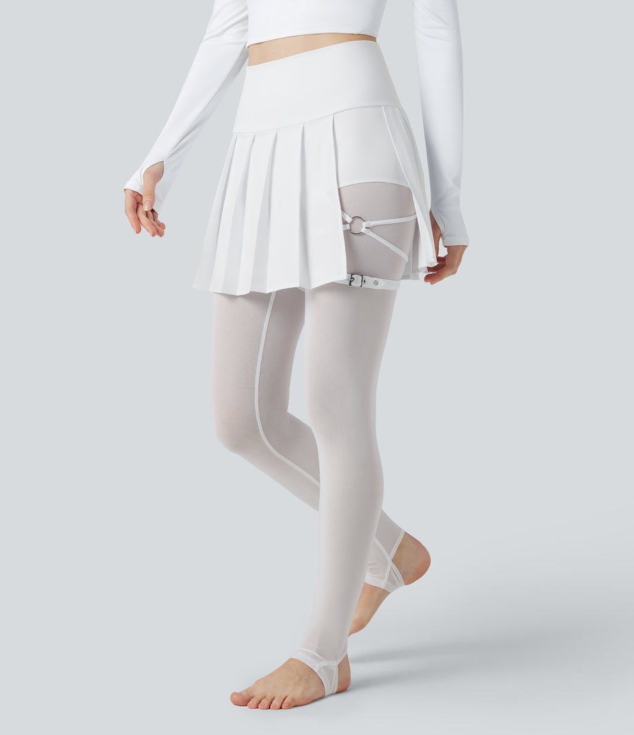 Breezeful™ High Waisted Pleated 2-in-1 Contrast Mesh Quick Dry Dance Stirrup Skirted Leggings with Pockets - White