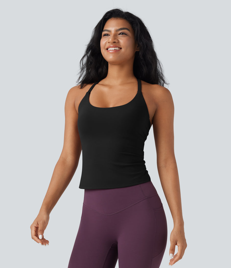 Scoop Neck Crisscross Back Crossover Hem Yoga Cami Top - Black