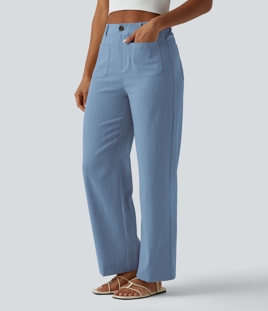 High Waisted Straight Leg Casual Linen-Feel Pants with Pockets - Azure Mist Blue