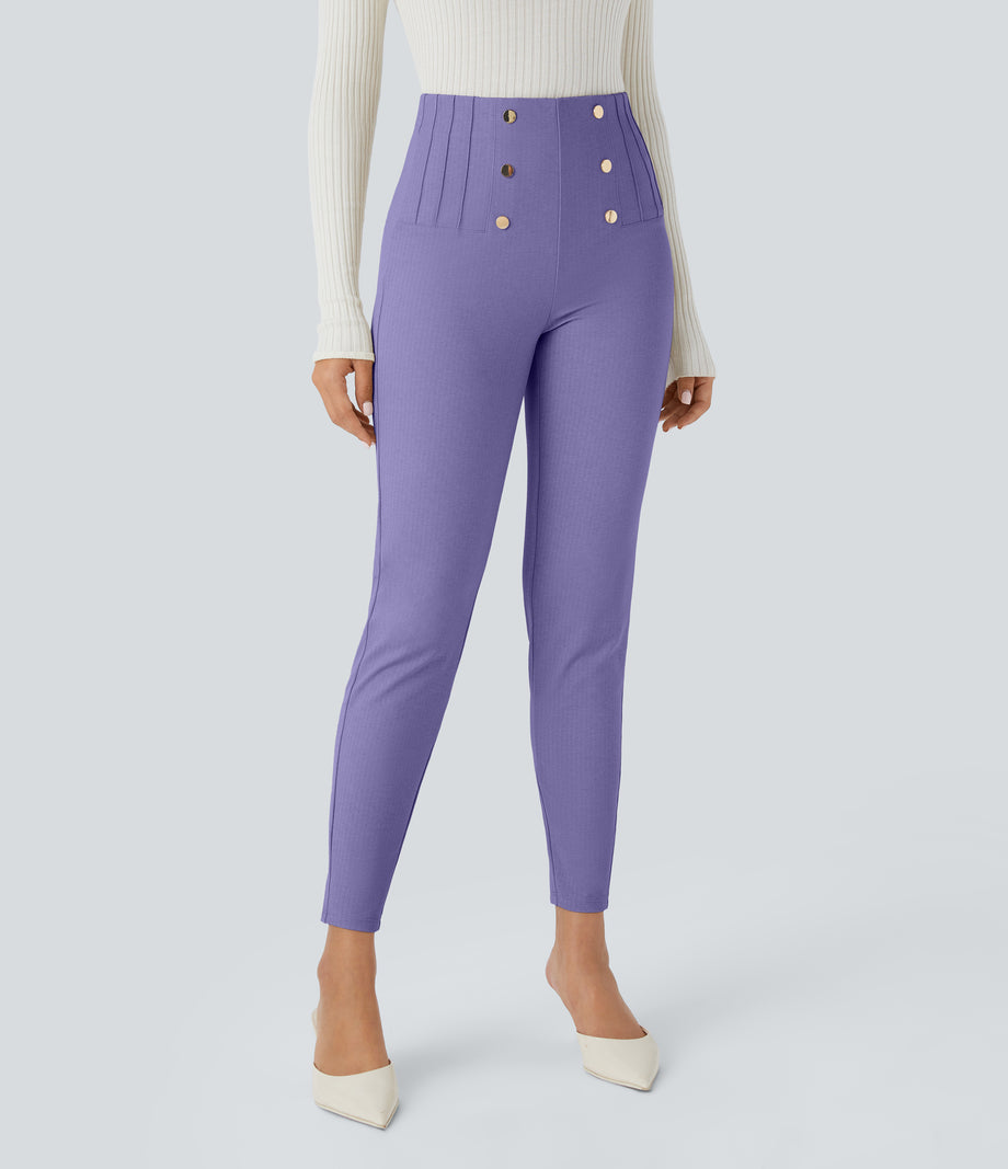 High Waisted Tummy Control Decorative Back Zipper Pockets Herringbone Work Leggings - Aster Purple