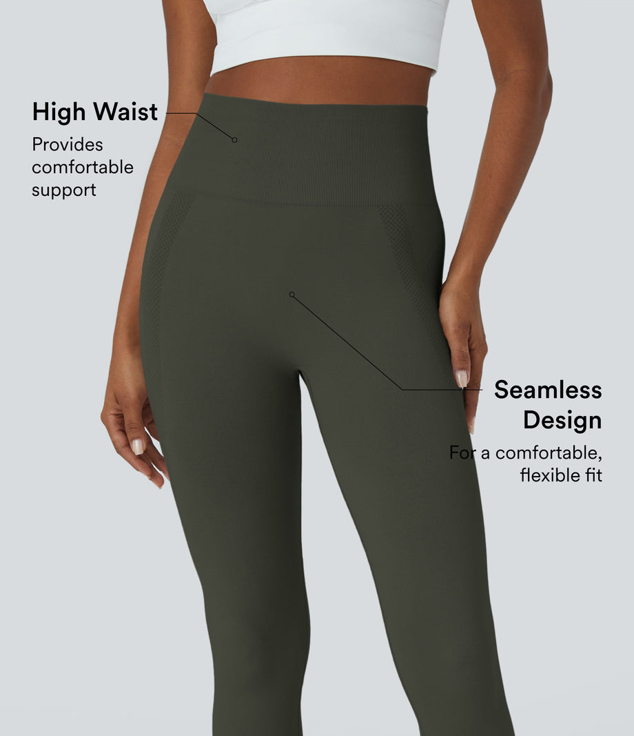OneForm Seamless Flow High Waisted Ruched 7/8 Yoga Leggings - Forest Night