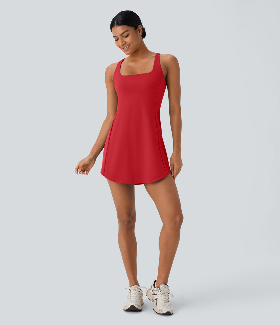 SoftlyZero™ Plush Cut Out Pocket 2-Piece Mini Yoga Active Dress - Mars Red