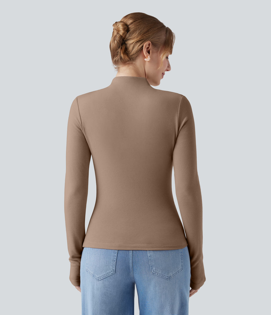 Mock-neck Long Sleeve Ruched Asymmetric Hem Thermal Casual Top - Amphora