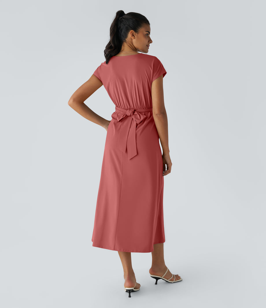 Breezeful™ V Neck Short Sleeve Pocket Tie Back Quick Dry Midi Casual Dress-Longer Length - Kapok Red