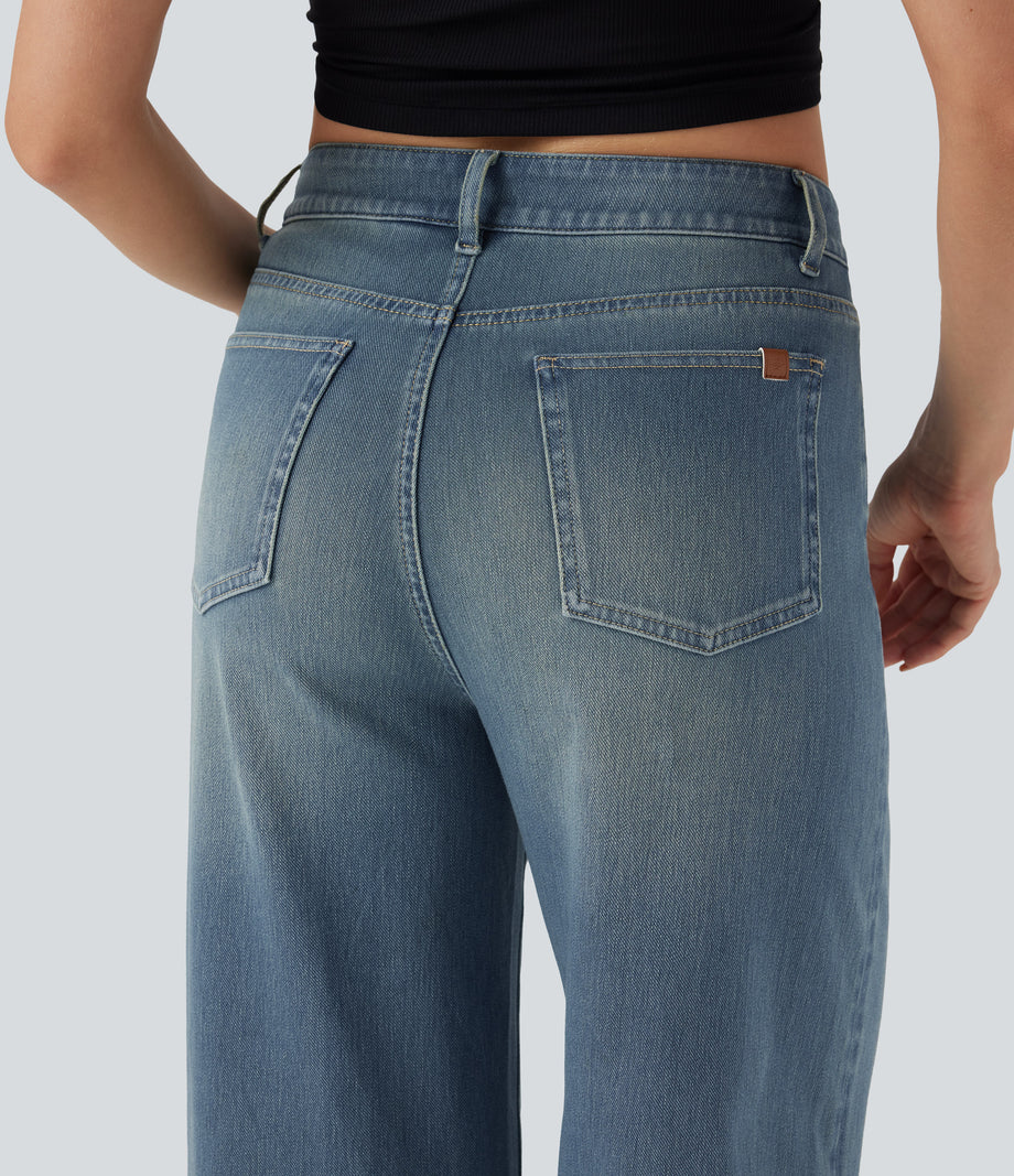 Halara Flex™ High Waisted Pockets Rolled Hem Wide Leg Washed Casual Jeans - Blue Surf Denim