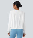 Round Neck Long Sleeve Ruched Yoga Sports Top-UPF50+ - White