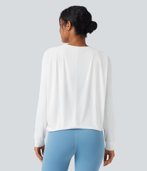 Round Neck Long Sleeve Ruched Yoga Sports Top-UPF50+ - White