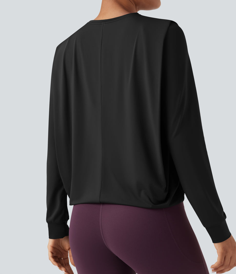 Round Neck Long Sleeve Ruched Yoga Sports Top-UPF50+ - Black
