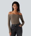 Ribbed Knit Off Shoulder Long Sleeve 2-in-1 Casual Top - Shitake