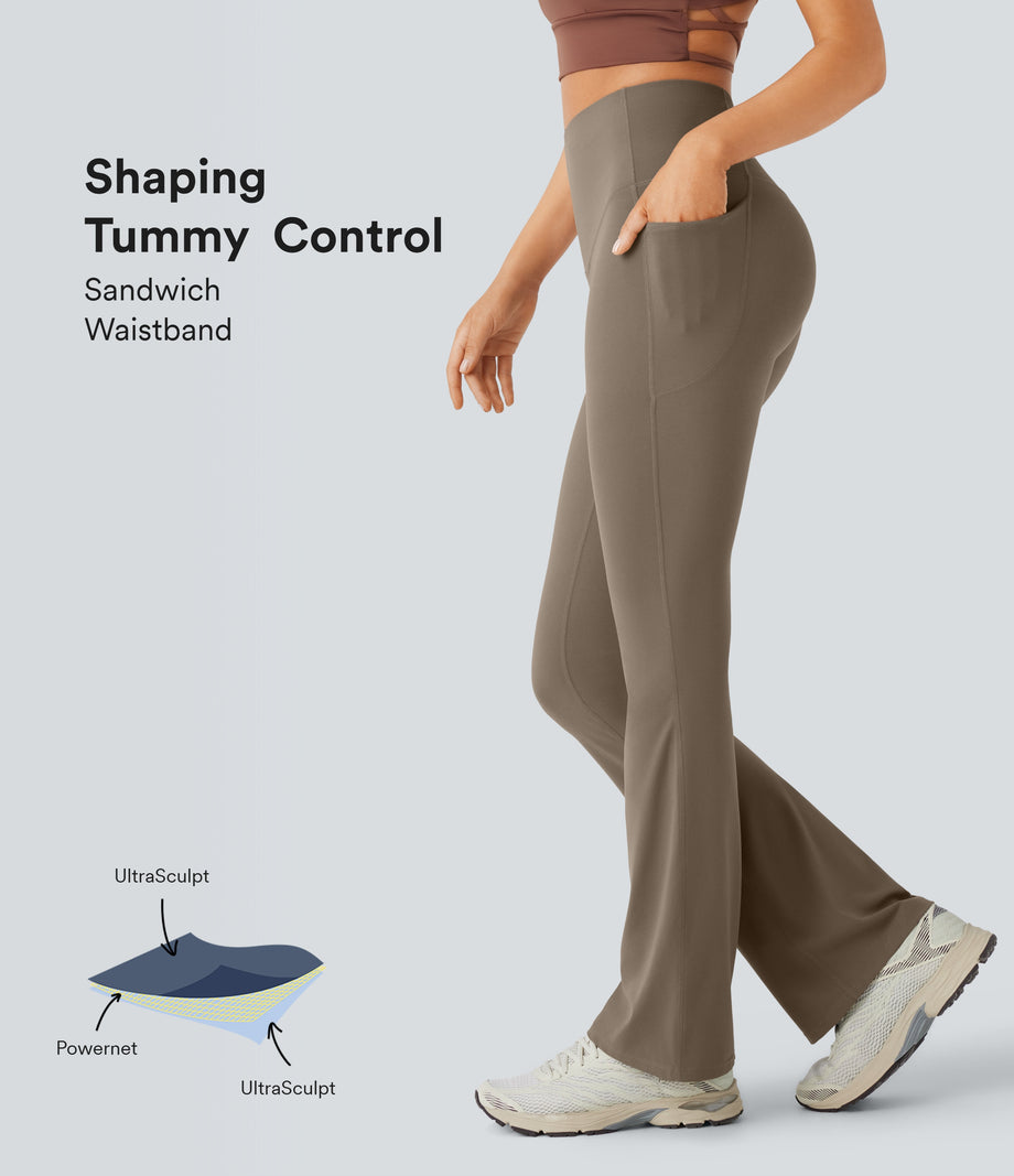 Halara UltraSculpt™ High Waisted Tummy Control Pocket Shaping Yoga Bootcut Leggings - Dawn Brown