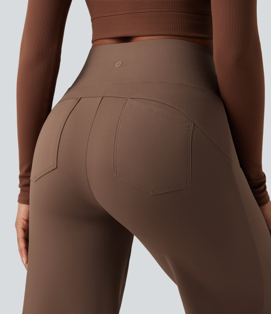 DayStretch High Waisted Tummy Control Wide Leg Baggy Yoga Pants with Pockets - Sepia