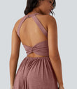 Twisted Backless Split Flowy Maxi Resort Dress with Pockets - Brick Red Mix