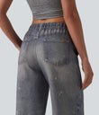 Mid Rise Denim Print French Terry Casual Sweatpants Jeans with Pockets - Painted Vintage Blue