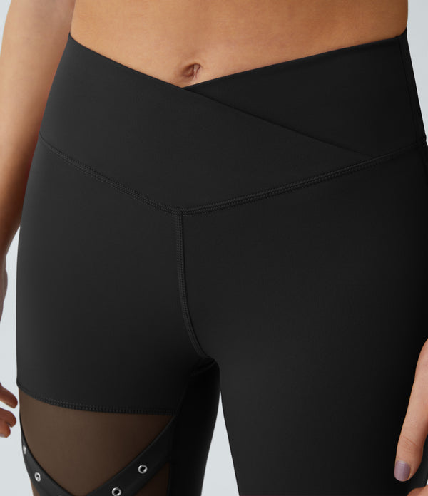 DayStretch High Waisted Crossover Contrast Mesh Decorative Buckle Yoga Leggings - Black