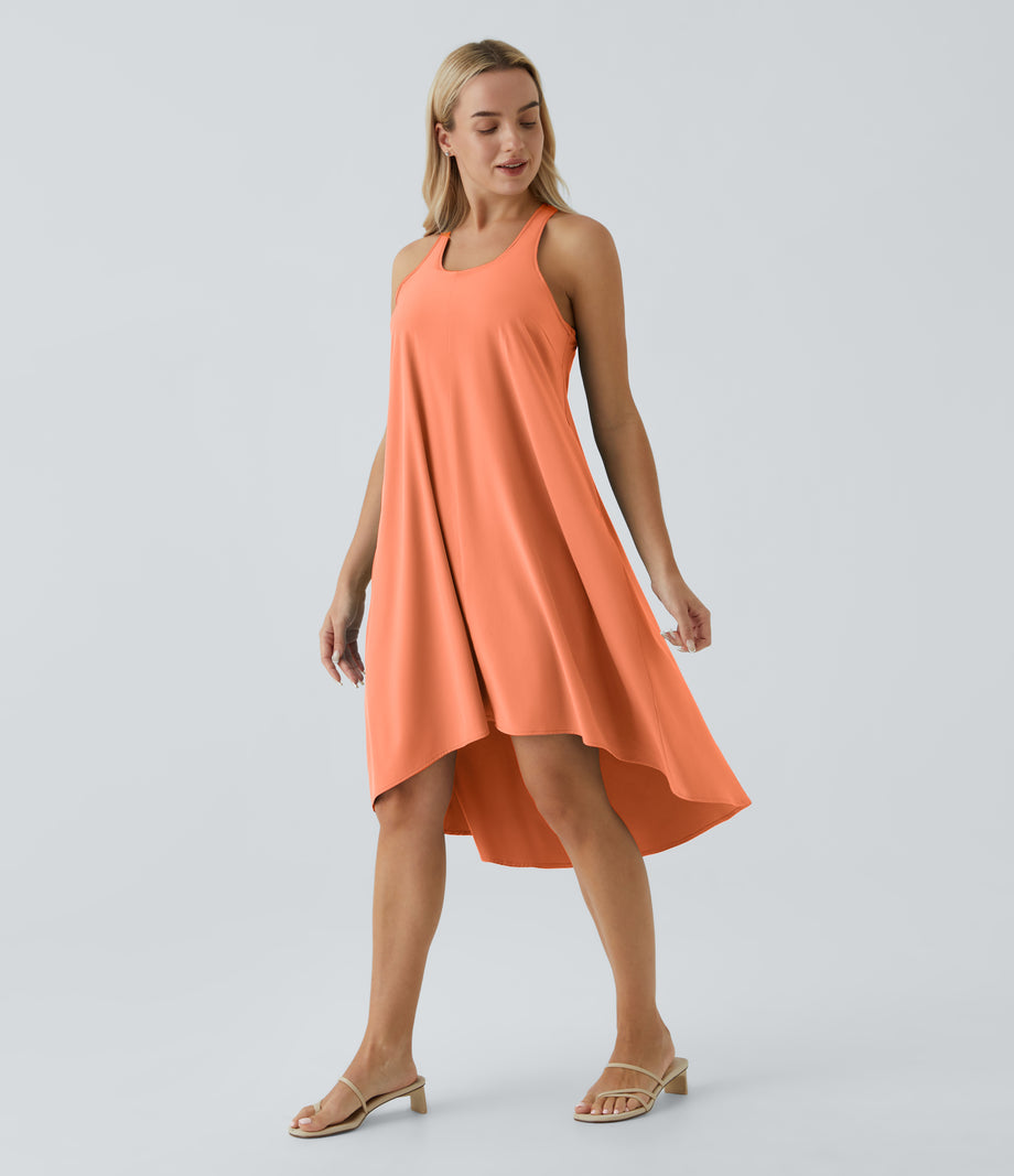 Breezeful™ Backless Racerback Side Pocket High Low Flowy Midi Quick Dry Casual Dress - Flamingo