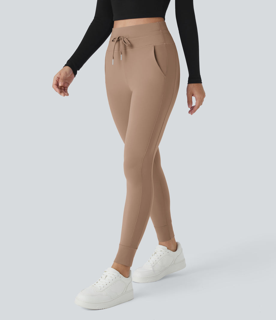 SoftlyZero™ Plush High Waisted Drawstring Pocket Plain Full Length Joggers - Beaver Fur