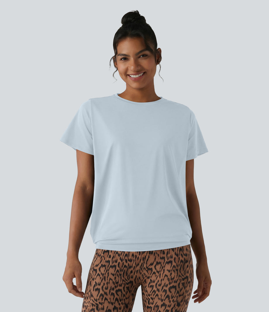 Round Neck Short Sleeve Ruched Cool Touch Yoga Sports Top-UPF50+ - Illusion Blue