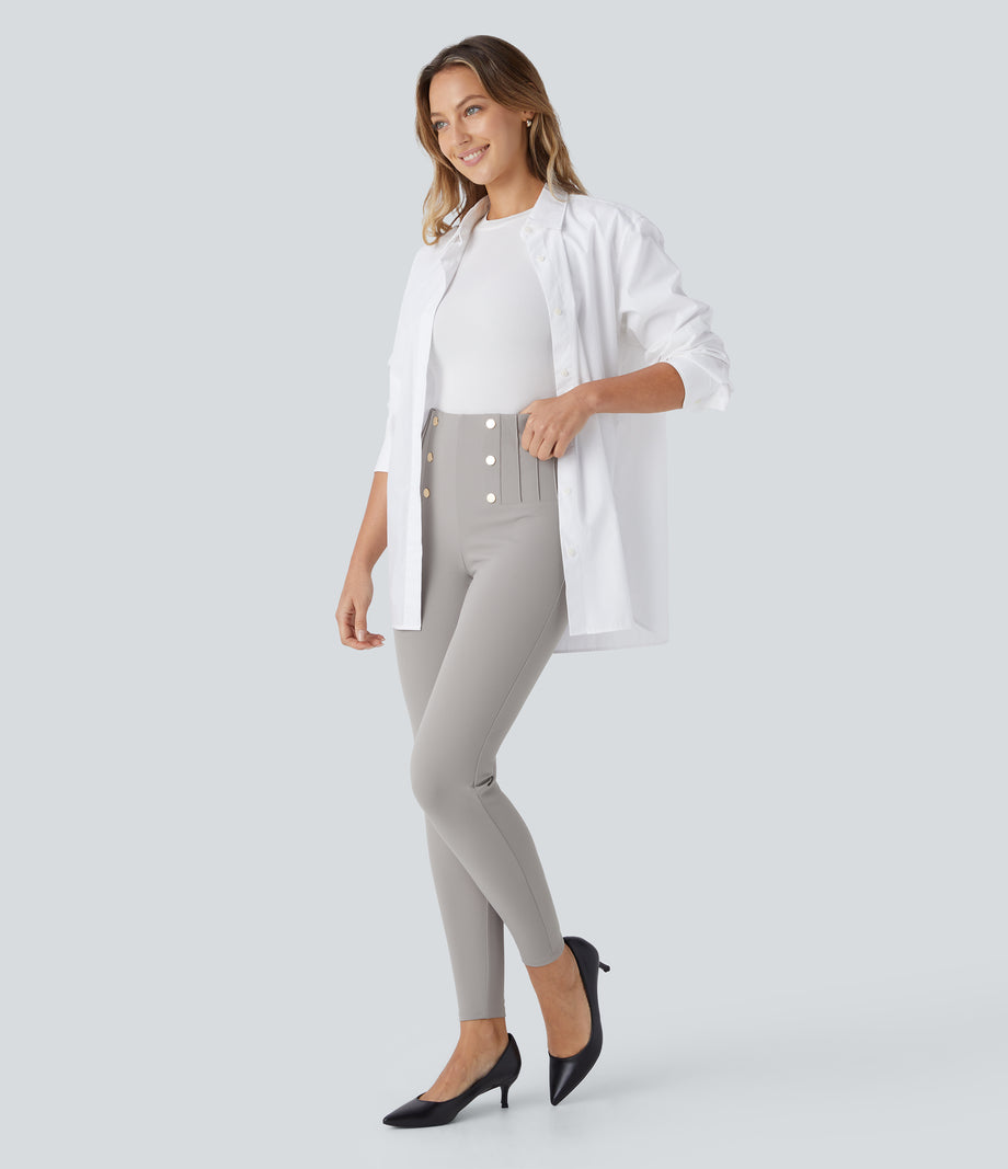 High Waisted Tummy Control Decorative Back Zipper Pockets Herringbone Work Leggings - Mink Ash