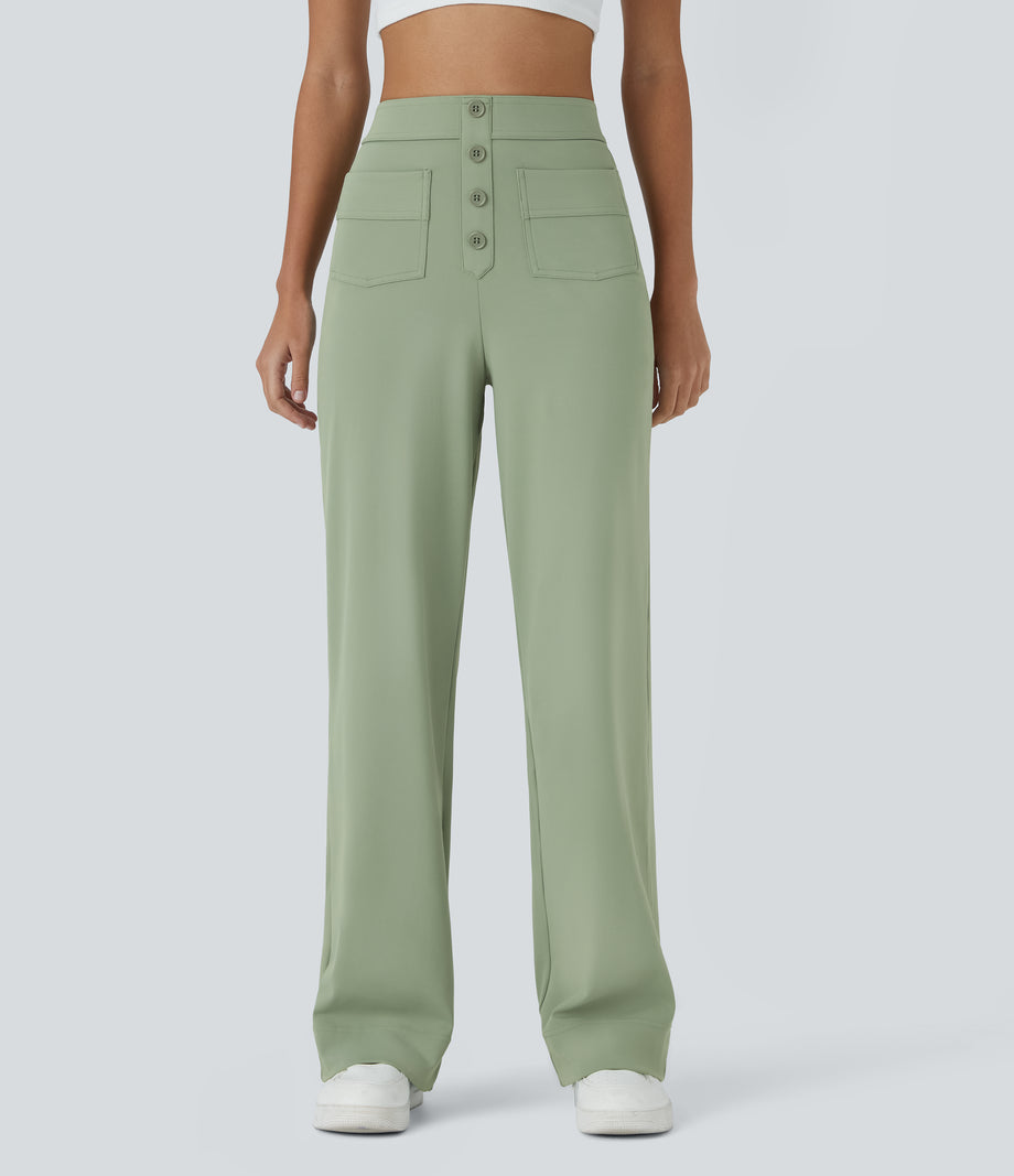 DayStretch High Waisted Pockets Straight Leg Casual Pants - Asparagus