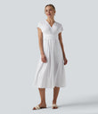 Breezeful™ V Neck Short Sleeve Pocket Tie Back Quick Dry Midi Casual Dress - White