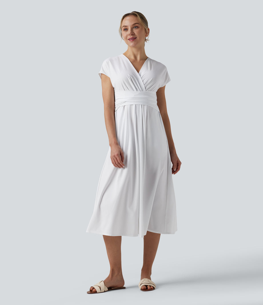 Breezeful™ V Neck Short Sleeve Pocket Tie Back Quick Dry Midi Casual Dress - White