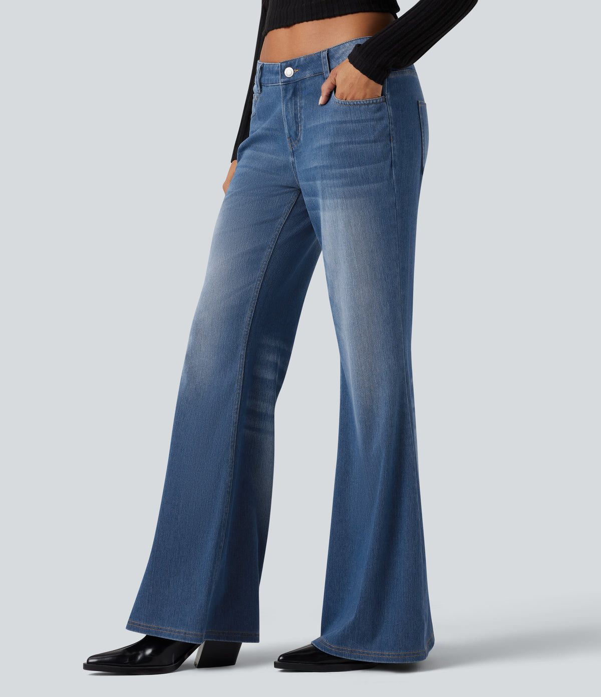 Halara Flex™ Low Rise Flare Washed Casual Jeans with Pockets - Tide Blue Denim