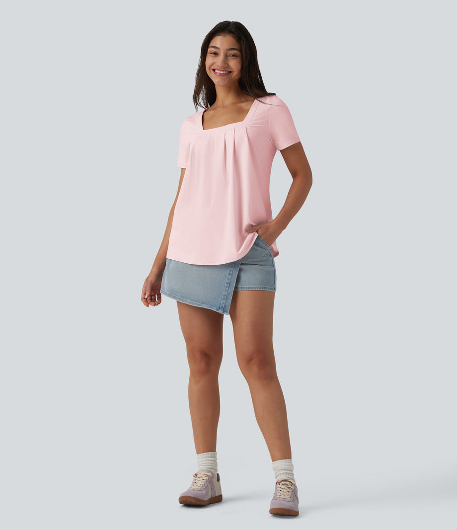 Square Neck Short Sleeve Casual Top - Primrose Pink