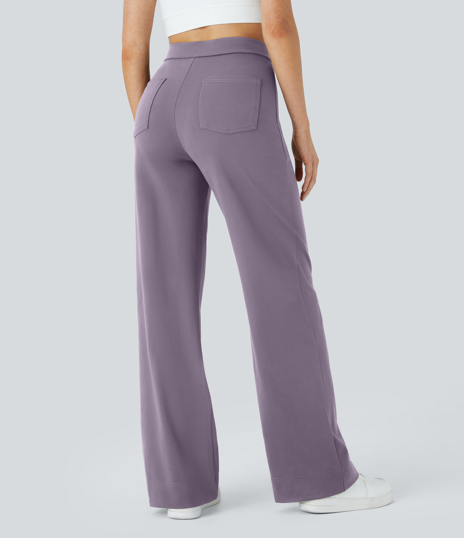 DayStretch High Waisted Pockets Straight Leg Casual Pants - Purple Ash