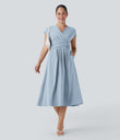 Breezeful™ V Neck Short Sleeve Pocket Tie Back Quick Dry Midi Casual Dress - Baby Blue