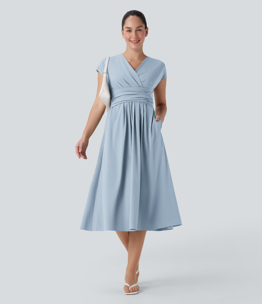 Breezeful™ V Neck Short Sleeve Pocket Tie Back Quick Dry Midi Casual Dress - Baby Blue