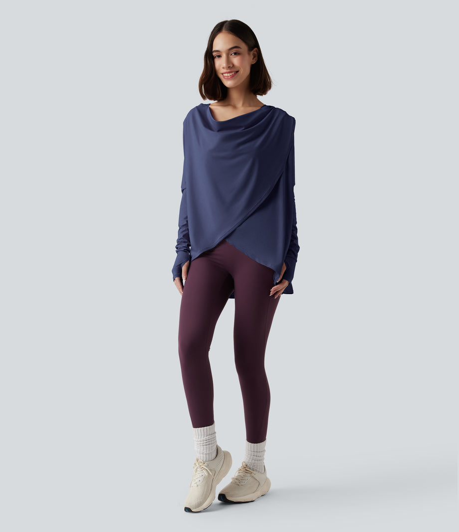 Hooded Cowl Neck Long Sleeve Thumb Hole Yoga Sports Top with Pockets - Patriot Blue