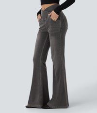 Halara Flex™ High Waisted Crossover Pocket Washed Casual Flare Jeans - Charcoal Black Denim