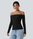 Ribbed Knit Off Shoulder Long Sleeve 2-in-1 Casual Top - Black