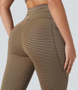 High Waisted Drawstring Striped Yoga Leggings with Pockets - Cedar Brown